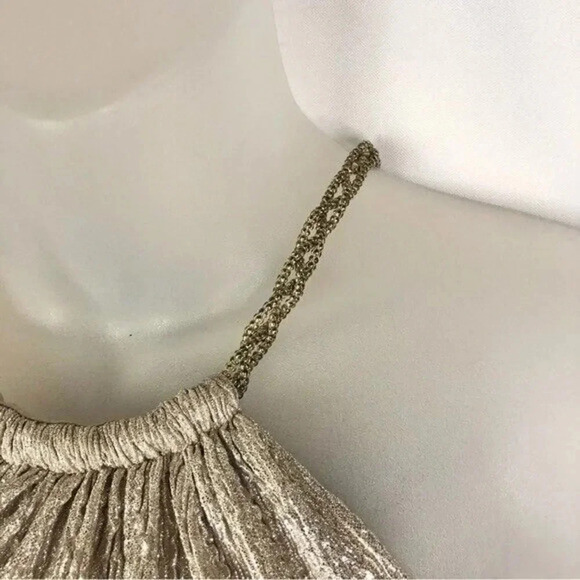 XScape High Neck Halter Metallic Champagne Ruched Formal Gown 4 - Picture 5 of 7